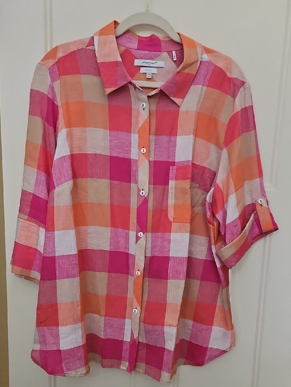 NWT, Foxcroft Pink and Orange Plaid Relaxed Button-Up Shirt, Linen, Size 20w
